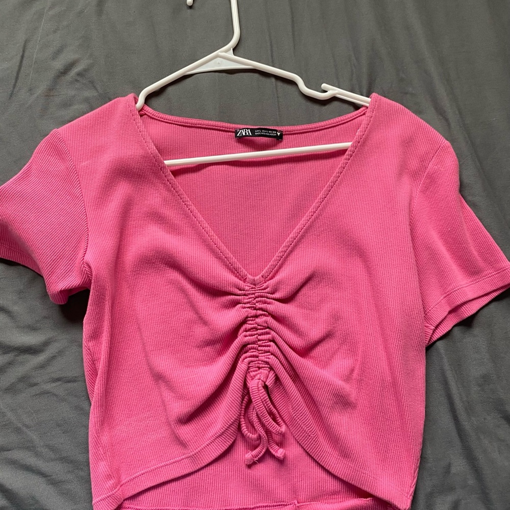 Zara Pink Crop Ruched Tie Front Blouse